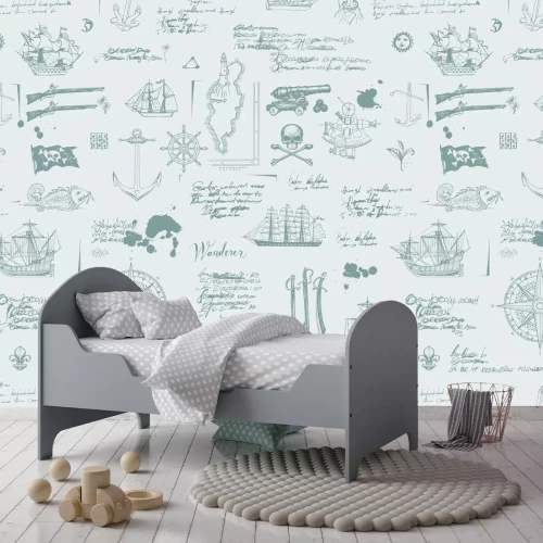 Fototapete Stilisiertes Piratenmuster mit Schiff- und Kompasssymbolen