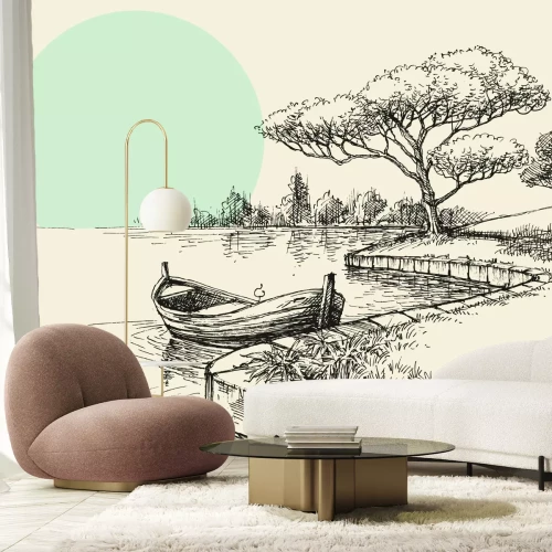 Fototapete Zeichnung eines Bootes vor dem Hintergrund eines Waldes und der Sonne