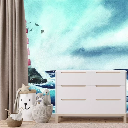 Fototapete Boot auf hohen Wellen mit einem Leuchtturm