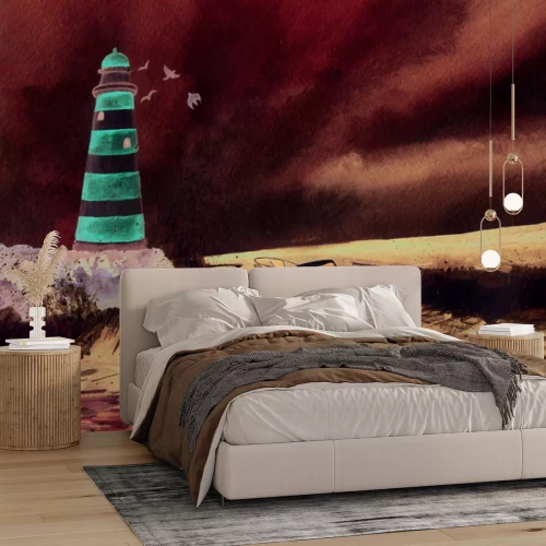 Fototapete Boot auf hohen Wellen mit einem Leuchtturm