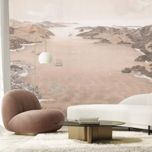 Fototapete Malerische Stadt mit einem bergigen Horizont am Meer