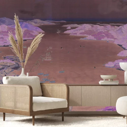 Fototapete Malerische Küstenstadt mit Bergen im Hintergrund