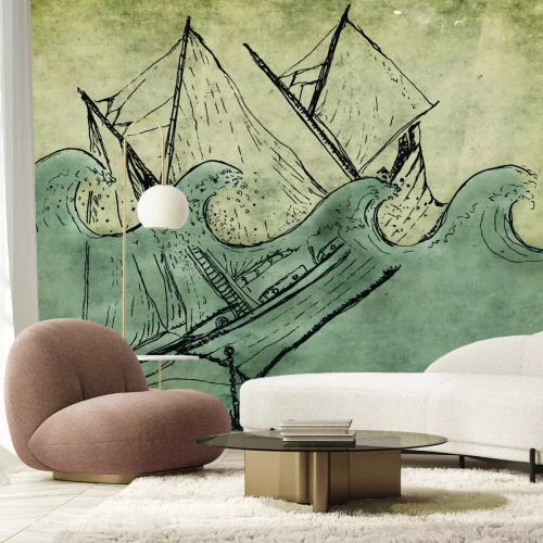 Fototapete Nachbildung eines sinkenden Schiffs auf dem Meer mit Wellen