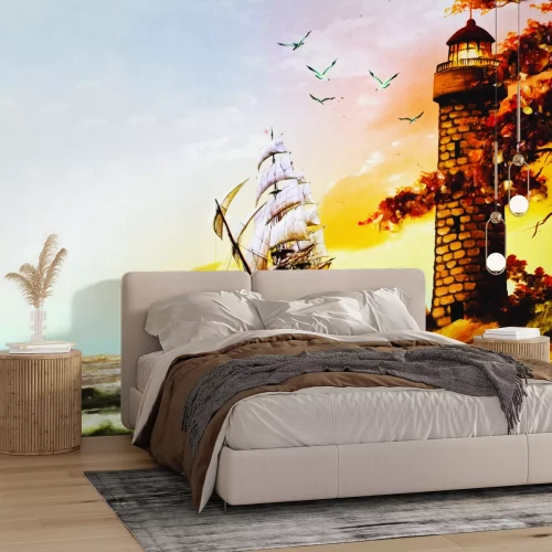 Fototapete Schiff auf See segelt neben einem Leuchtturm