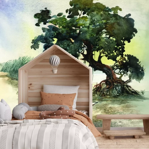 Fototapete Aquarellmuster mit einem Baum vor dem Meereshintergrund