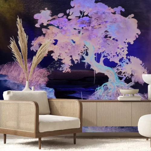 Fototapete Aquarellmuster mit einem Baum vor dem Meereshintergrund