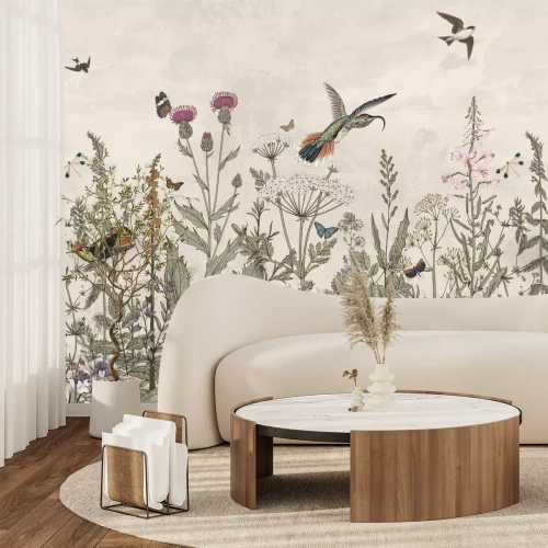 Fototapete Blühende Wiese und Vögel Landschaft