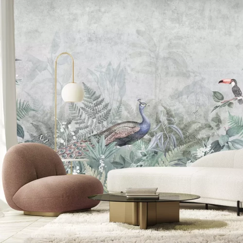 Fototapete Exotische Vögel zwischen tropischen Blättern