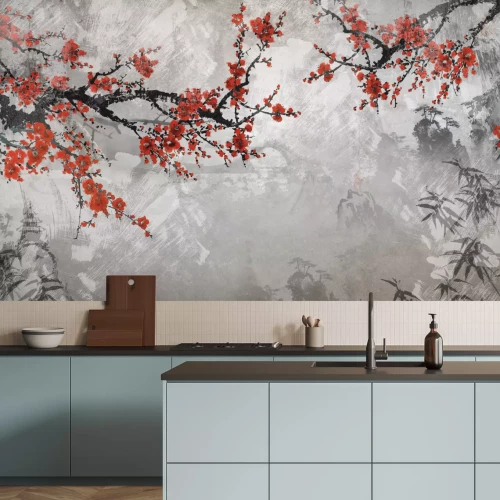 Fototapete Blühende Kirschblütenlandschaft im Chinoiserie-Stil