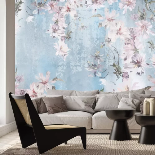 Fototapete Rosa Blumen auf blauem Aquarellhintergrund