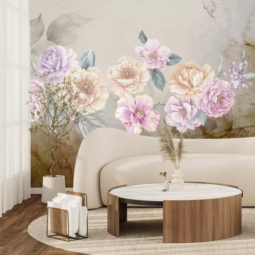 Fototapete Romantische Blumen gemalt auf Aquarellhintergrund