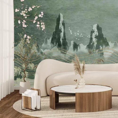 Fototapete Landschaft im chinesischen Stil mit Pflanzen, Bergen und Vögeln