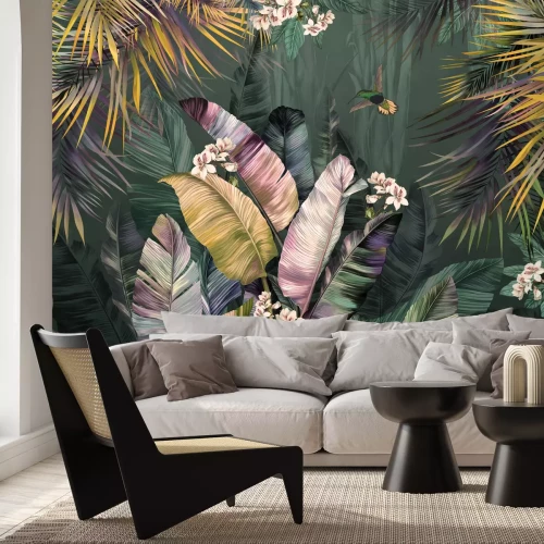 Fototapete Bunte Bananenblätter und Palmen