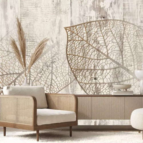 Fototapete 3D-Blätter auf Holz Hintergrund