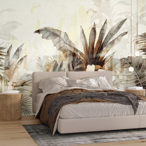 Fototapete Tropische Pflanzen und Blätter auf Betonhintergrund