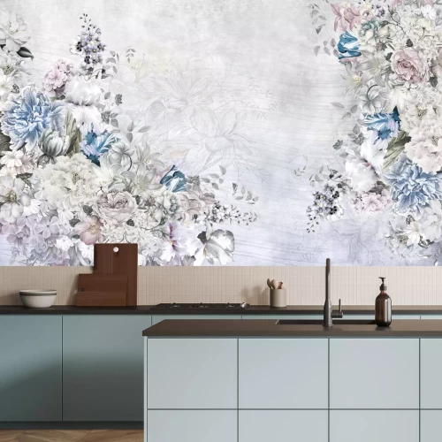 Fototapete Bunte Romantische Blumen auf Grauem Hintergrund