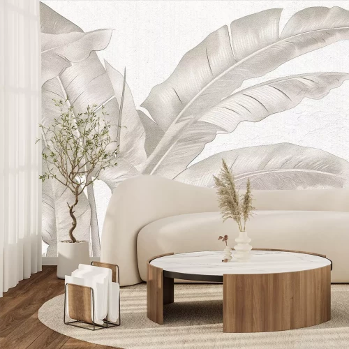 Fototapete Große Tropische Blätter in Beige auf Hellem Hintergrund