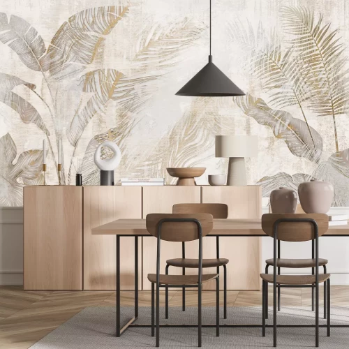 Fototapete Tropische Blätter auf Beigegrauem Hintergrund Betoneffekt