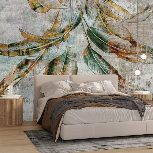 Fototapete Blätter auf Betonhintergrund im Industriestil Muster