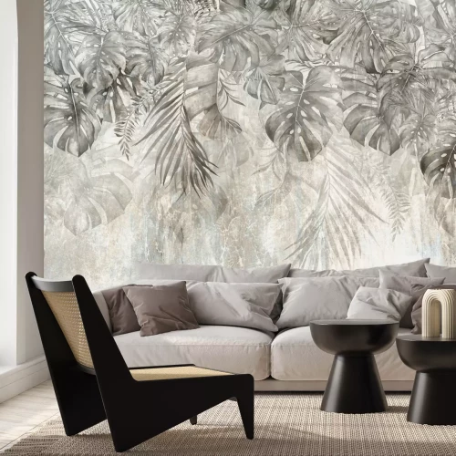 Fototapete Monstera, Palmen und Bananenblätter in Grautönen