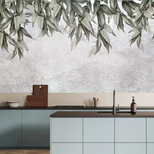 Fototapete Hängende Blätter von Oben auf Betonhintergrund