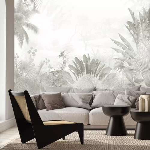 Fototapete Tropical trees and leaves in foggy forest wallpaper design - 3D