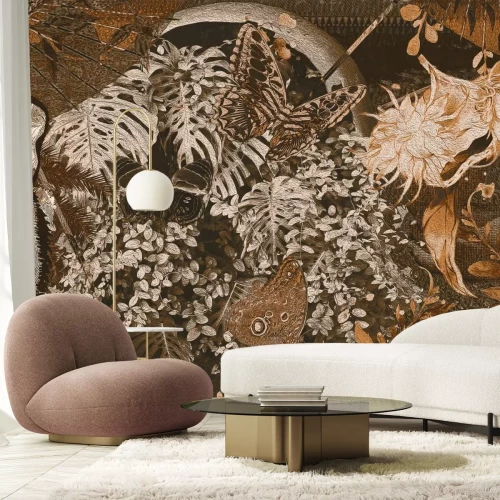 Fototapete Botanical and wild animal with tropical topic. Summer vibe abstract wallpaper with tiger.