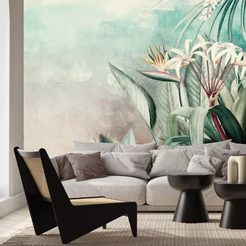 Fototapete Exotische Blätter und Blüten auf Aquarell-Hintergrund