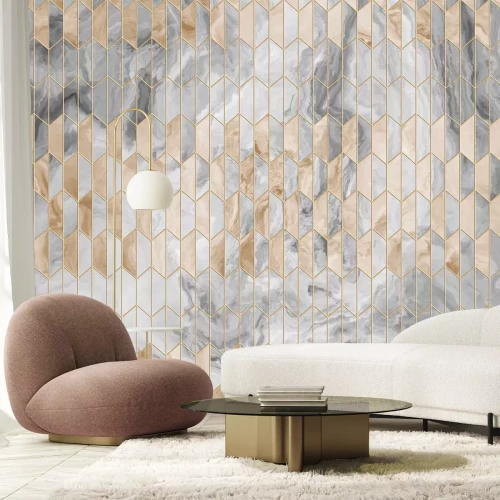 Fototapete Narrow ornament of marble parquet with metal elements. Geometric abstraction, rhombuses. Fashion poster for textile, fabric, web, Wallpaper, poster, home design