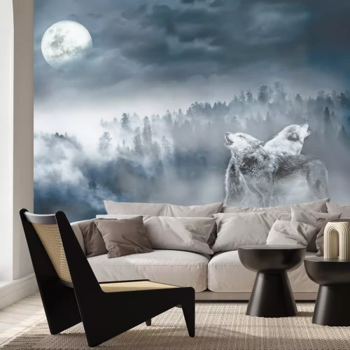 Fototapete Wölfe vor dem Waldeshintergrund bei Vollmond