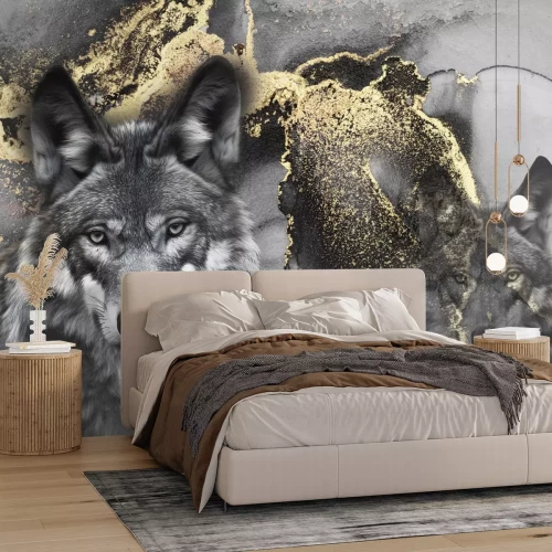 Fototapete Graues Porträt von Wölfen mit goldener Verzierung﻿