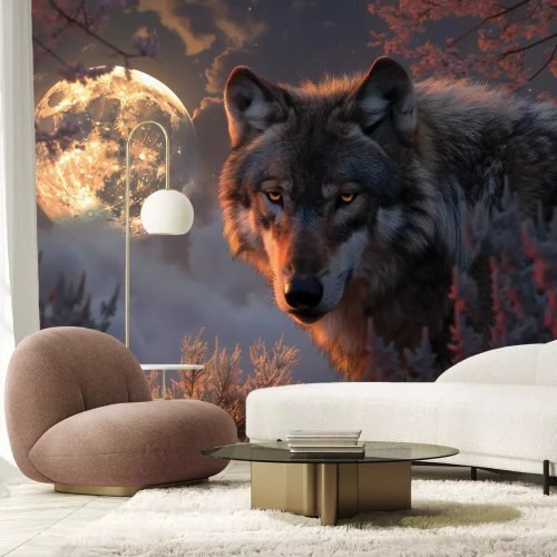 Fototapete Wolf unter der Vegetation vor dem Hintergrund des Vollmonds