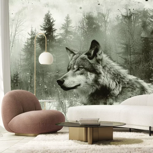 Fototapete Waldlandschaft mit einem Wolf in grauer Aquarellmalerei﻿