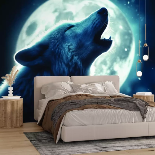 Fototapete Nachtwolf heult unter dem hellen Mond﻿