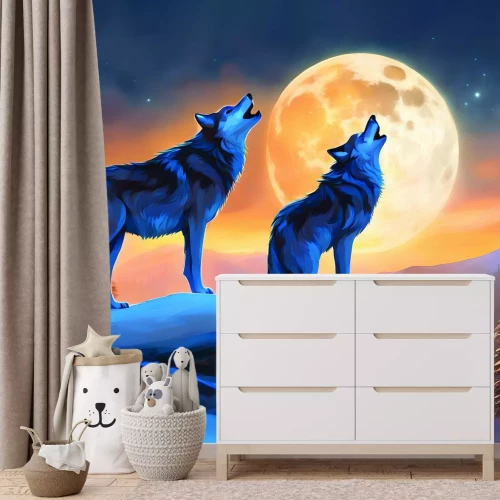 Fototapete Wölfe am Berghang bei Vollmond