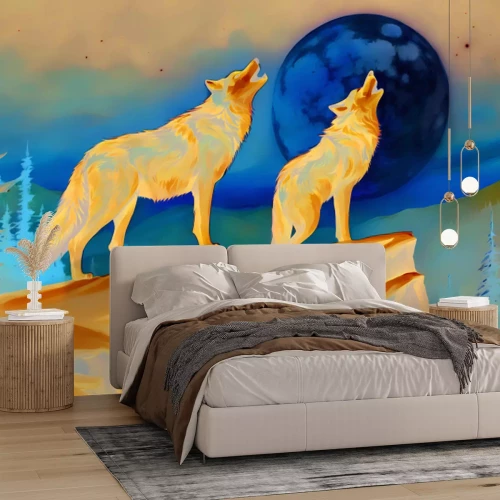 Fototapete Wölfe am Berghang bei Vollmond