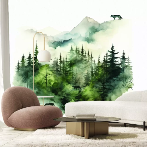 Fototapete Hügellandschaft mit Bäumen und Wölfen