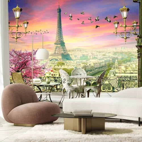 Fototapete Elegante Terrasse mit Blumen vor der Kulisse der Pariser Panorama