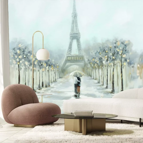 Fototapete Zarte Aquarell mit dem Eiffelturm und Straßenlaternen