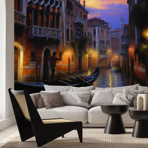 Fototapete Nachtpanorama von Venedig mit einem Gondoliere