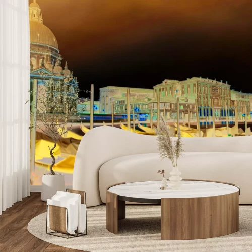 Fototapete Venezianische Gondeln vor beleuchteter Kathedrale