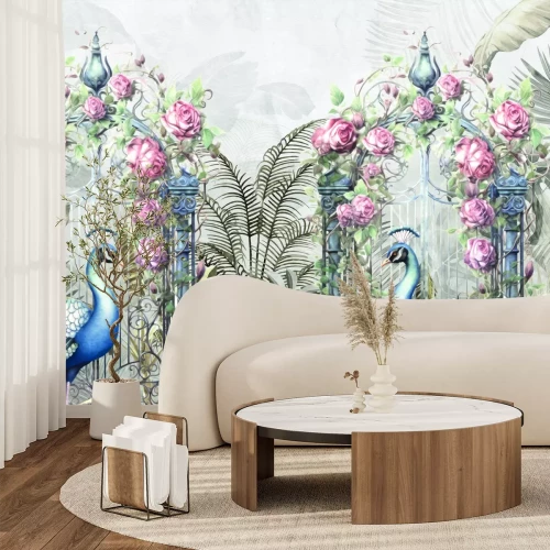 Fototapete Botanischer Garten mit Rosen und Pfauen