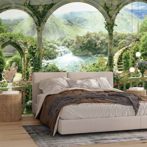 Fototapete Historische Bögen mit Blick auf einen Paradiesgarten