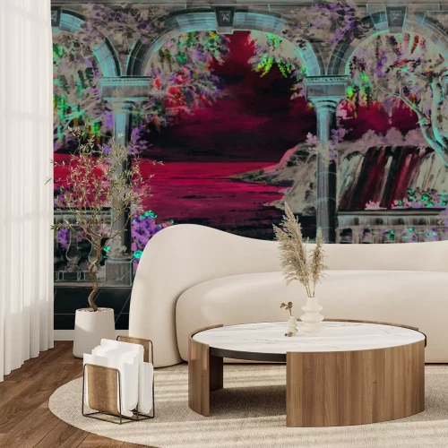 Fototapete Terrasse mit Bögen zwischen Vegetation und Meer