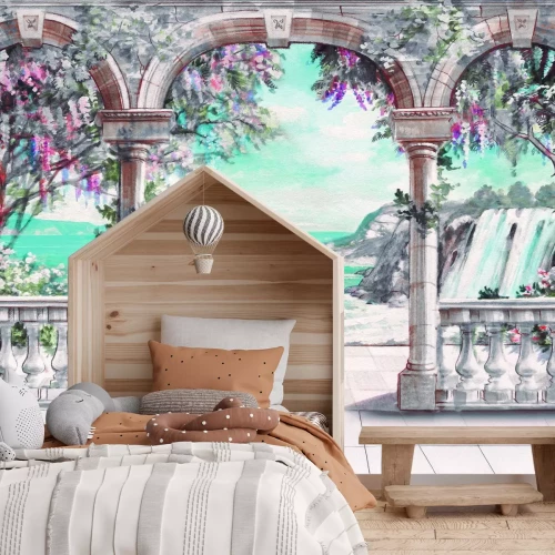 Fototapete Terrasse mit Bögen zwischen Vegetation und Meer