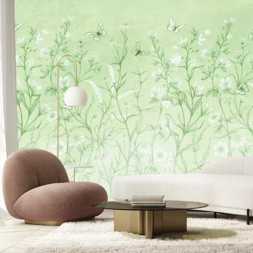 Fototapete Wildwiese mit Blumen und Schmetterlingen im Grün