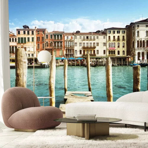 Fototapete Blick von der Brücke auf das Wasser und die Häuser