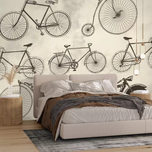 Fototapete Retro-Fahrräder und Motorräder vor grauem Hintergrund