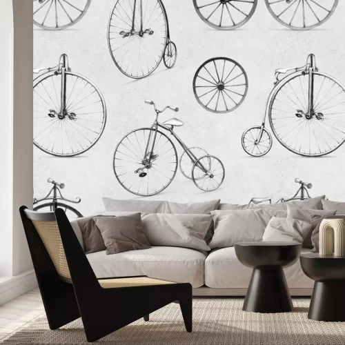 Fototapete Große Räder von Retro-Fahrrädern in Grau