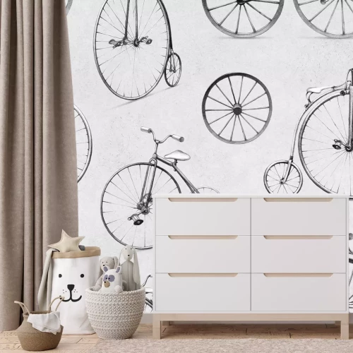 Fototapete Große Räder von Retro-Fahrrädern in Grau